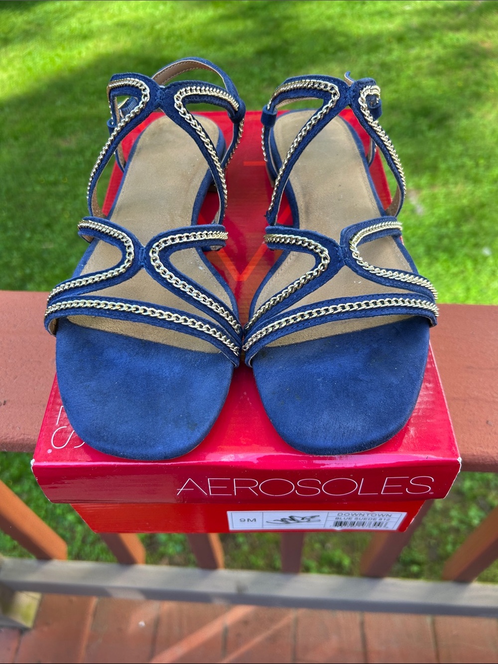 AEROSOLES Navy Blue Suede Chain-Trim Sandals